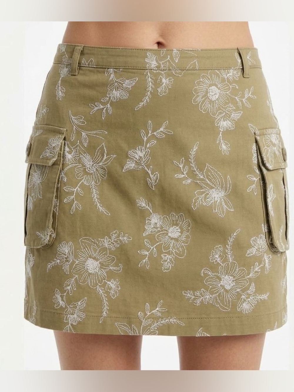 Utility Skirt with White Floral Design Future Collective Tan Skirt 1X